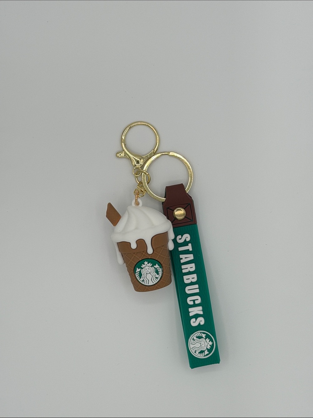 Starbucks Green Strap Keychain with White Frappuccino Charm
